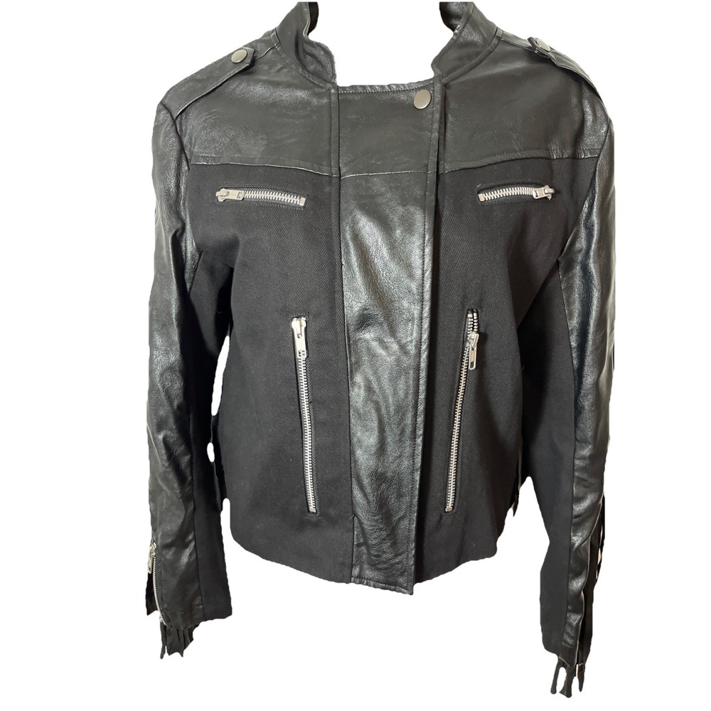 Some Days Lovin Womens Black Mixed Media Fringe Moto Jacket XS Western Rocker
